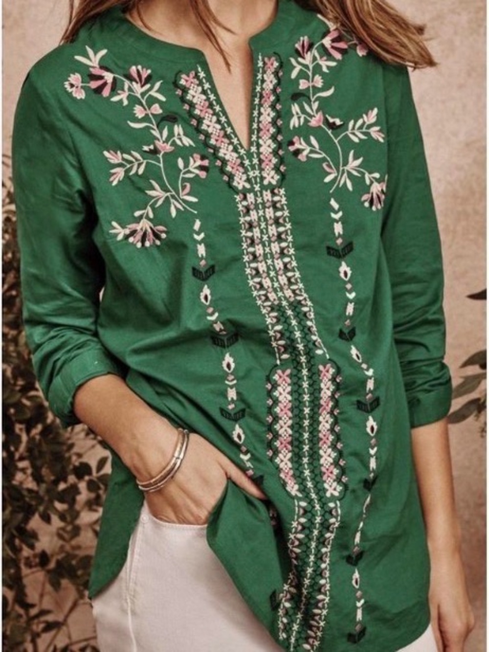 J. Jill Green Tunic with Pink & Cream Floral Embroidery cotton 2X
